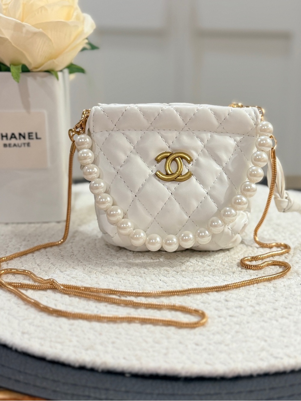 Mini White Quilted Crossbody Bag | Gold Chain Strap & Pearl Detail | New